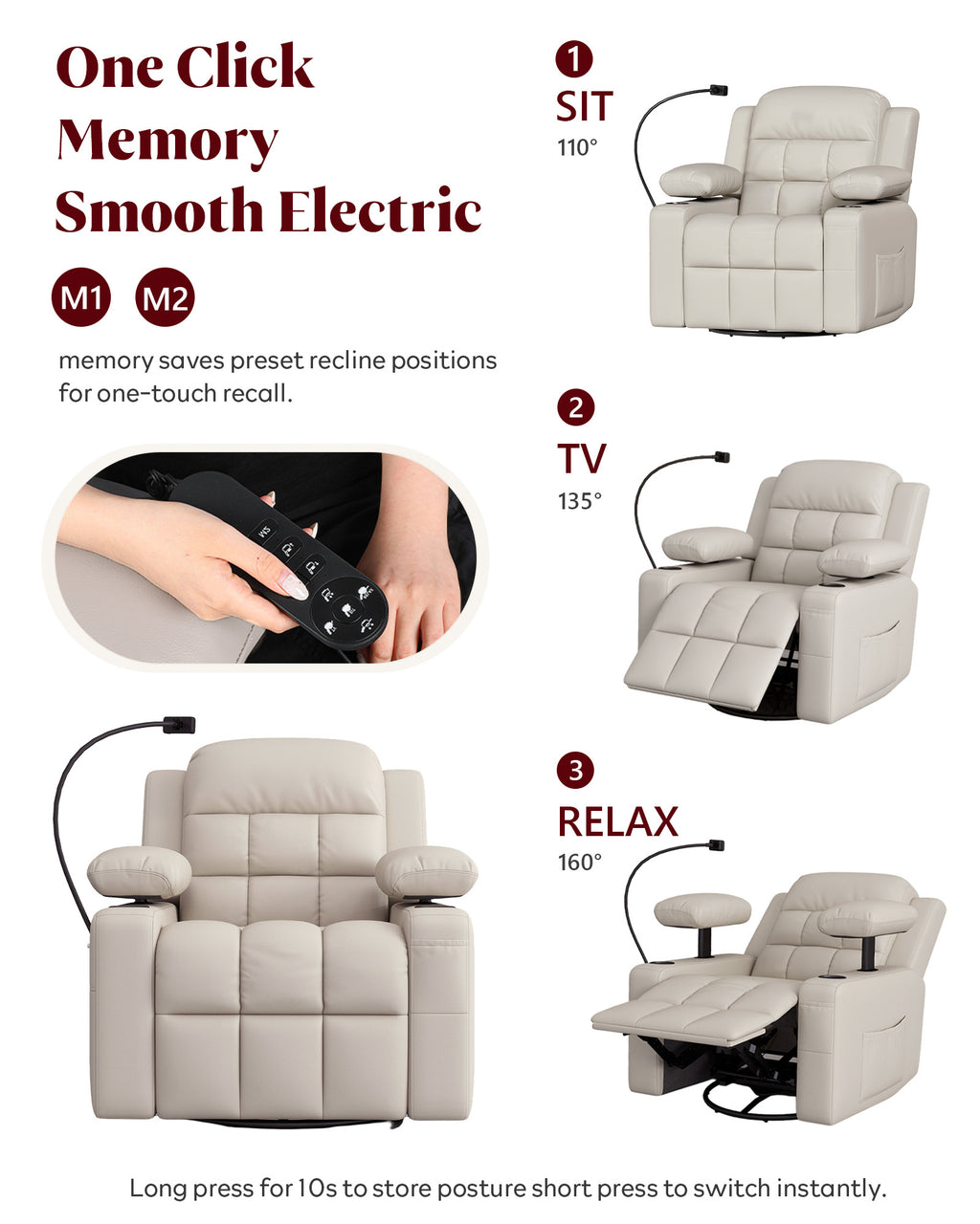 HOPUBUY Power Rocking Recliner Nursery w/Motorized Adjustable Armrests Beige White,320° Swivel M1 M2 Memory Remote Nursing Glider w/ Storage Pockets Cup Holder & Phone Holder for Breastfeeding