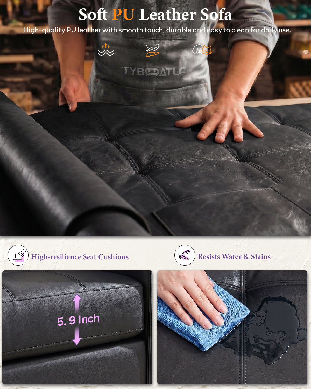 65'' Black Faux Leather Loveseat with USB, 2-Seater Living Room