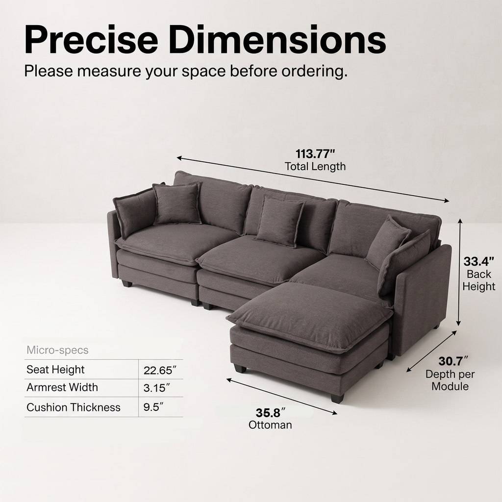 Modular Sofa, 3 Seater Couch with Ottoman, Gray Deep Seat Sofa Comfy Sectional Couch, Flexible 4-Piece Design, Soft Fabric Upholstery, Sturdy Legs for Apartment, Bedroom and Living Room