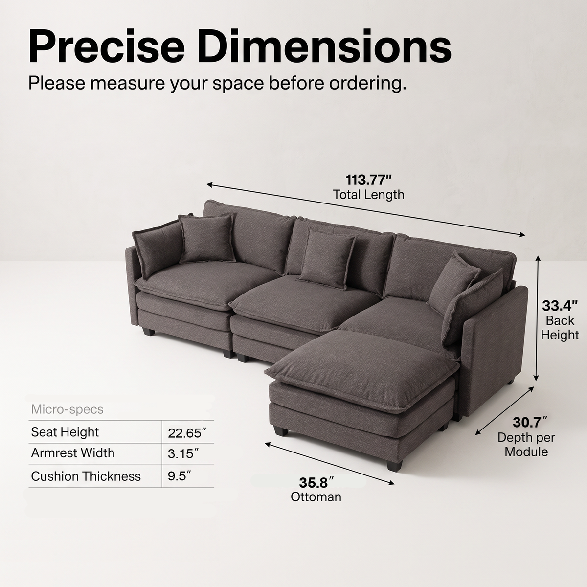 Modular Sofa, 3 Seater Couch with Ottoman, Gray Deep Seat Sofa Comfy Sectional Couch, Flexible 4-Piece Design, Soft Fabric Upholstery, Sturdy Legs for Apartment, Bedroom and Living Room