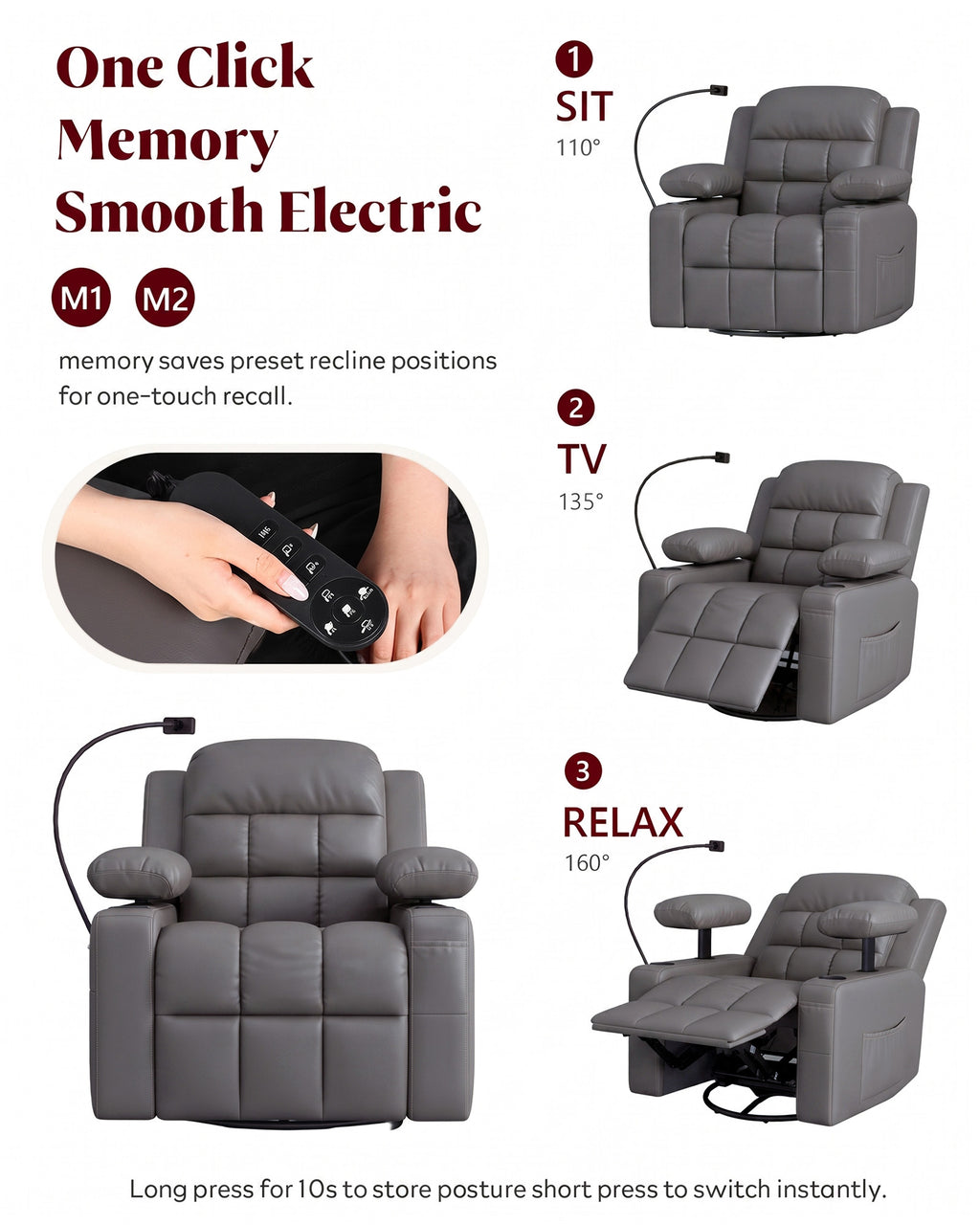 HOPUBUY Power Rocking Recliner Nursery w/Motorized Adjustable Armrests Grey,320° Swivel M1 M2 Memory Remote Nursing Glider w/ Storage Pockets Cup Holder & Phone Holder for Breastfeeding