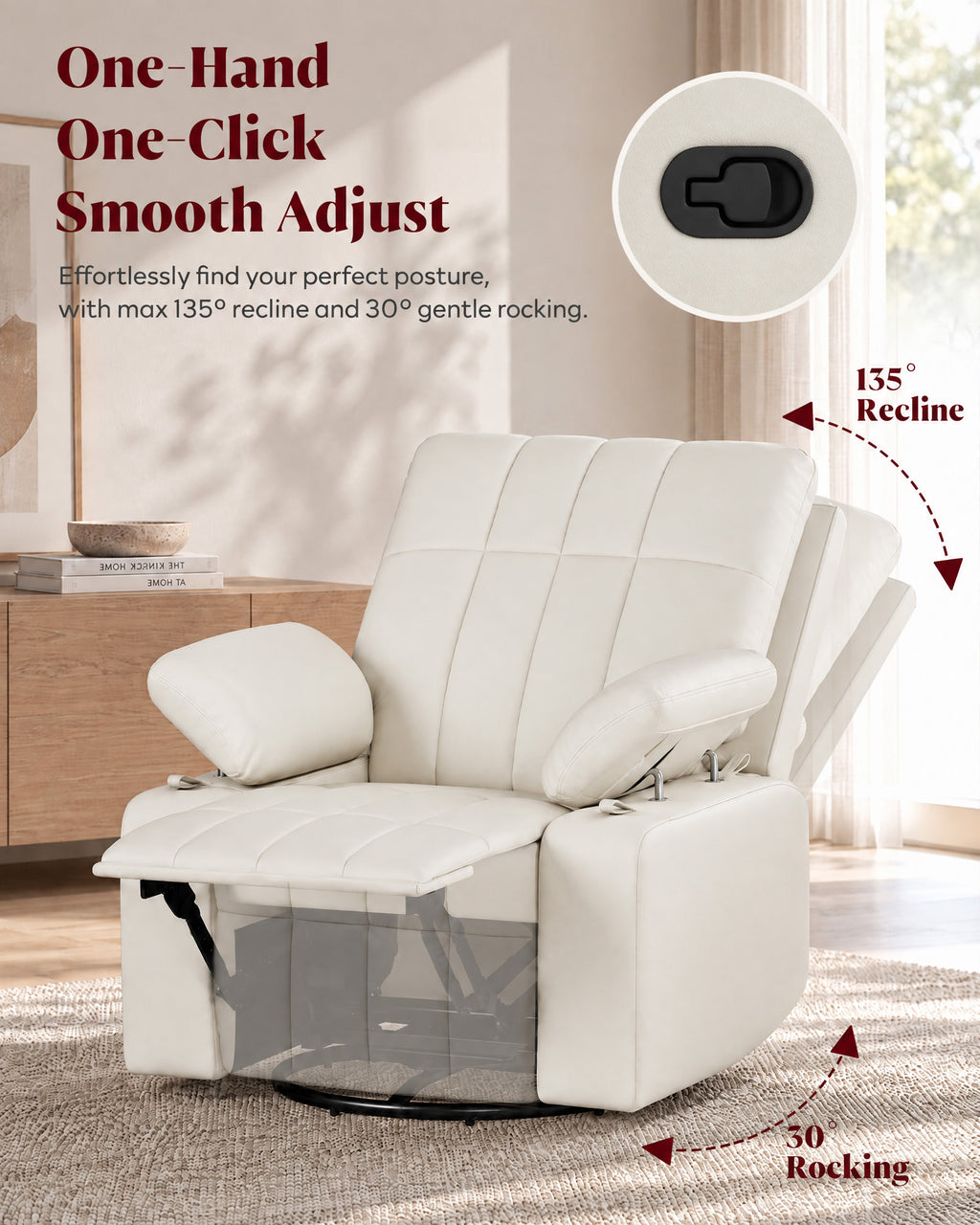 HOPUBUY Manual Nursery Rocking Recliner with Adjustable Armrests, White 360° Swivel Glider, 0–90° Foldable Armrests, Built-in Footrest, Modern 135° Reclining Chair for Nursing Breastfeeding Bedroom