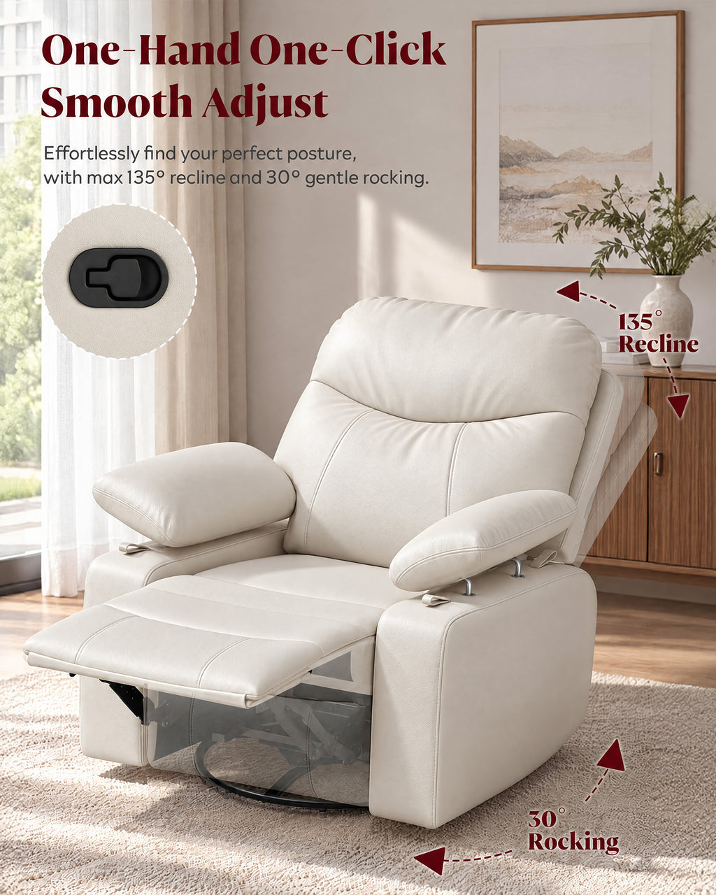 HOPUBUY Manual Rocking Chair Nursery w/Adjustable Armrests 360° Swivel Glider, Modern 135° Reclining Chair for Nursing Breastfeeding Bedroom,0–90° Foldable Armrests, Built-in Footrest