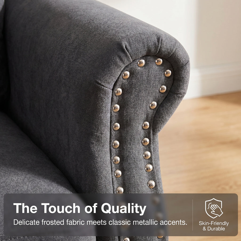 Fully Assembled Loveseat Sofa with Rivets, Wood Legs, Living Room (Grey) | 2 seater love seat sofa, rivet arm design, solid wood legs, wooden frame, small couch for living room apartment bedroom, grey