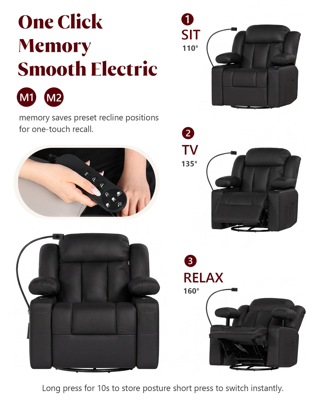 HOPUBUY Power Leather Home Theater Recliner w/Motorized Adjustable Armrests 320° Swivel M1 M2 Memory Remote Oversized Movie Theater Chair w/ Storage Pockets Cup Phone Holder for Living Room