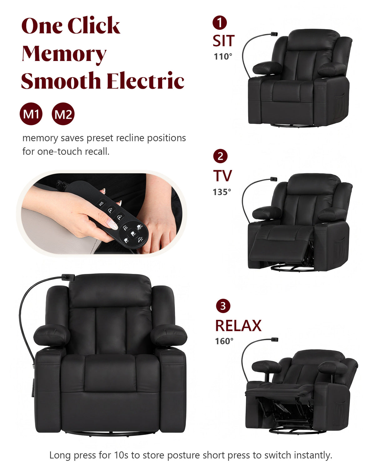 HOPUBUY Power Leather Home Theater Recliner w/Motorized Adjustable Armrests 320° Swivel M1 M2 Memory Remote Oversized Movie Theater Chair w/ Storage Pockets Cup Phone Holder for Living Room