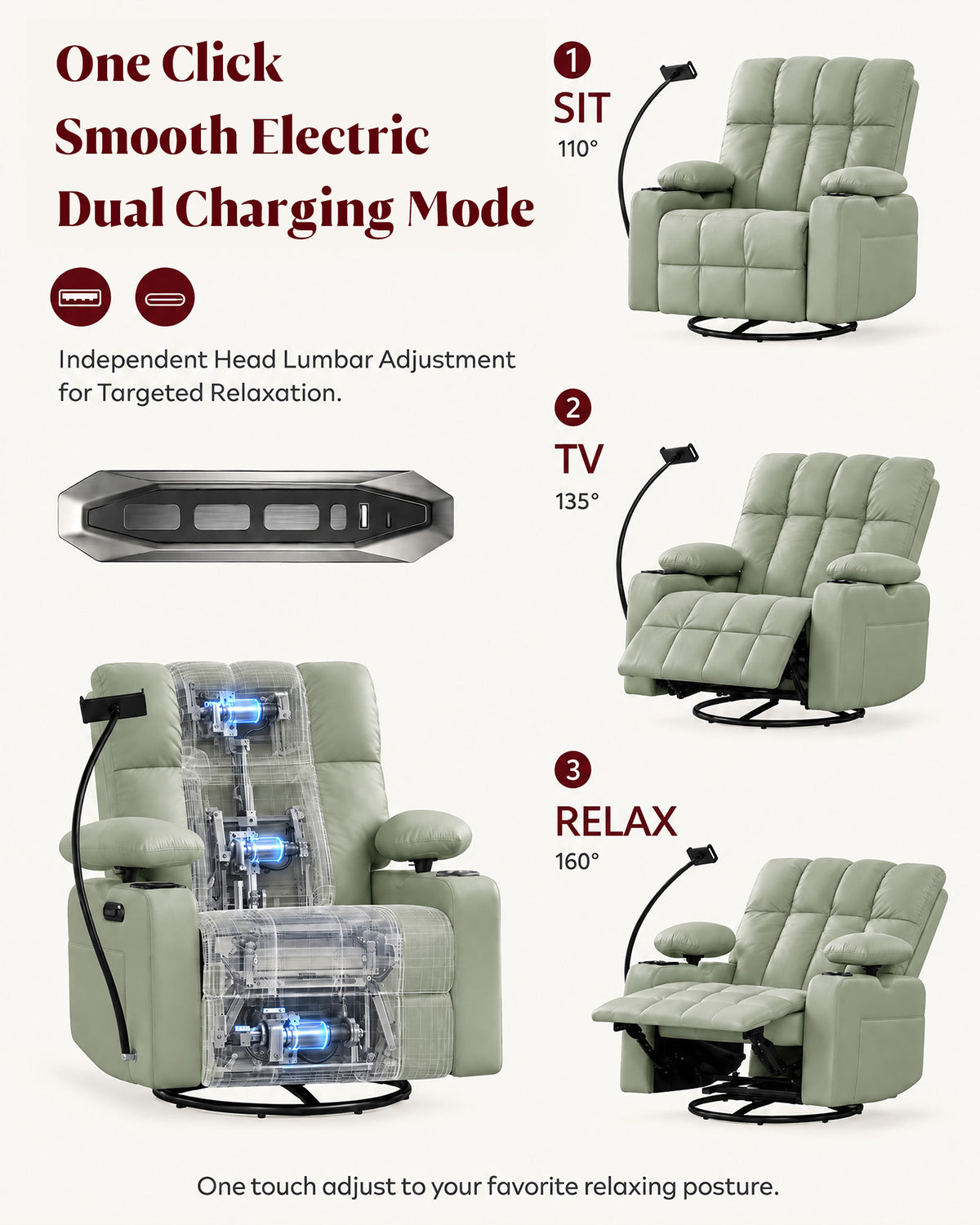 HOPUBUY Power Rocking Recliner Nursery w/Adjustable Armrest Lumbar Headrest Charging Night Light Smart Cup Holder, Modern Swivel Rocker ,Nursing Glider Chair for Breastfeeding Living Room