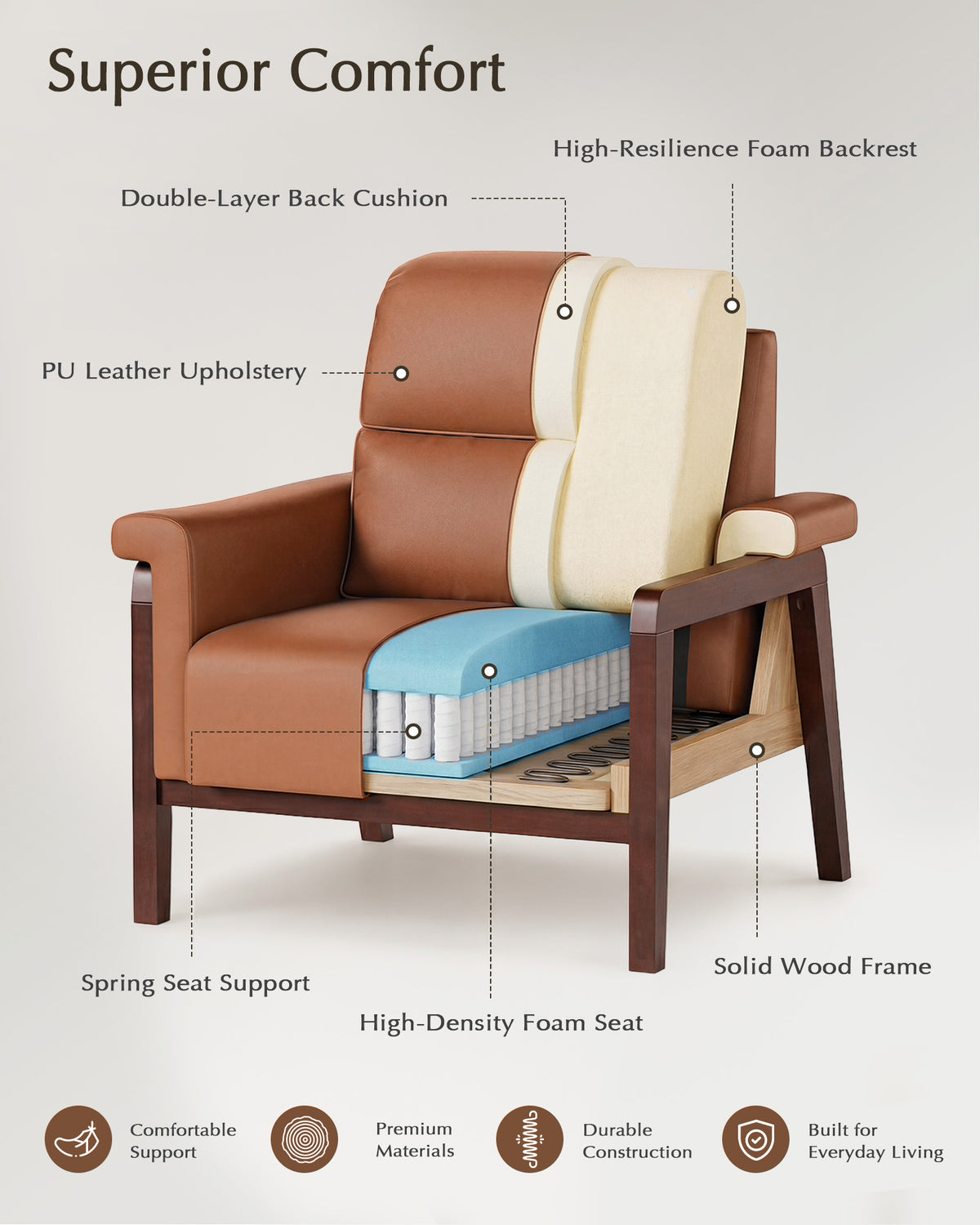JIASTING Oversized Leather Accent Chair Set of 2, Chair with Wooden Legs & High Back