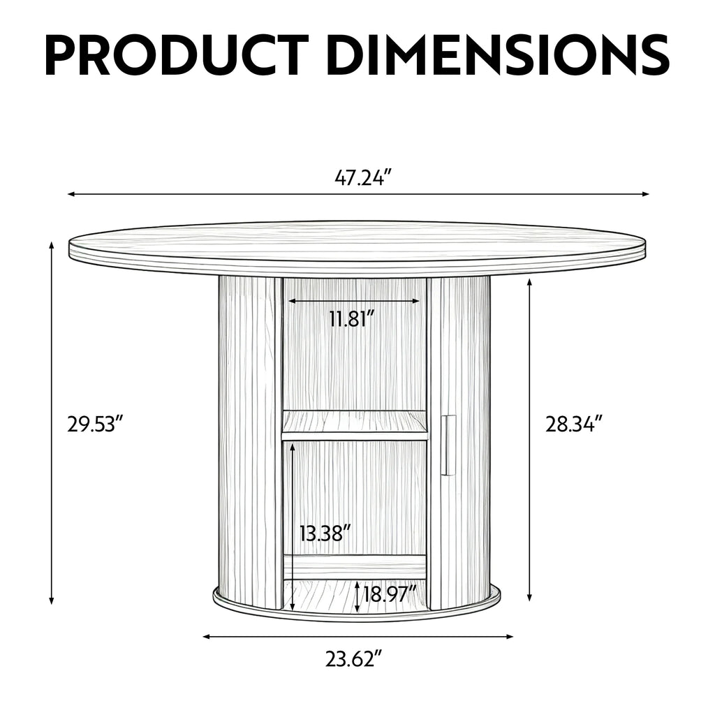 LAZZO 47" Round Dining Table with Storage, Modern Fluted Side Shelf, Seats 4-6 for Kitchen Dining Room, Walnut