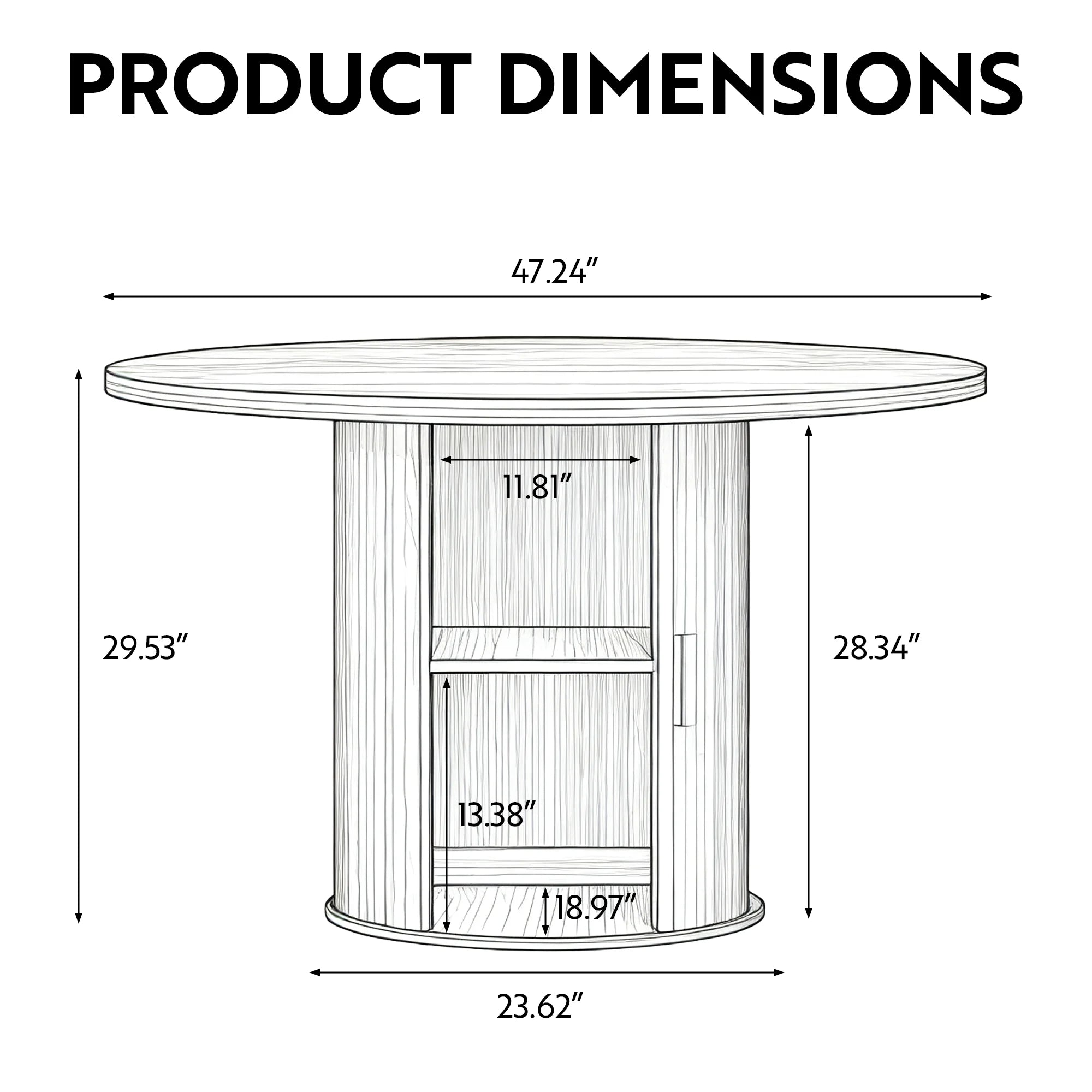 LAZZO 47" Round Dining Table with Storage, Modern Fluted Side Shelf, Seats 4-6 for Kitchen Dining Room, Walnut