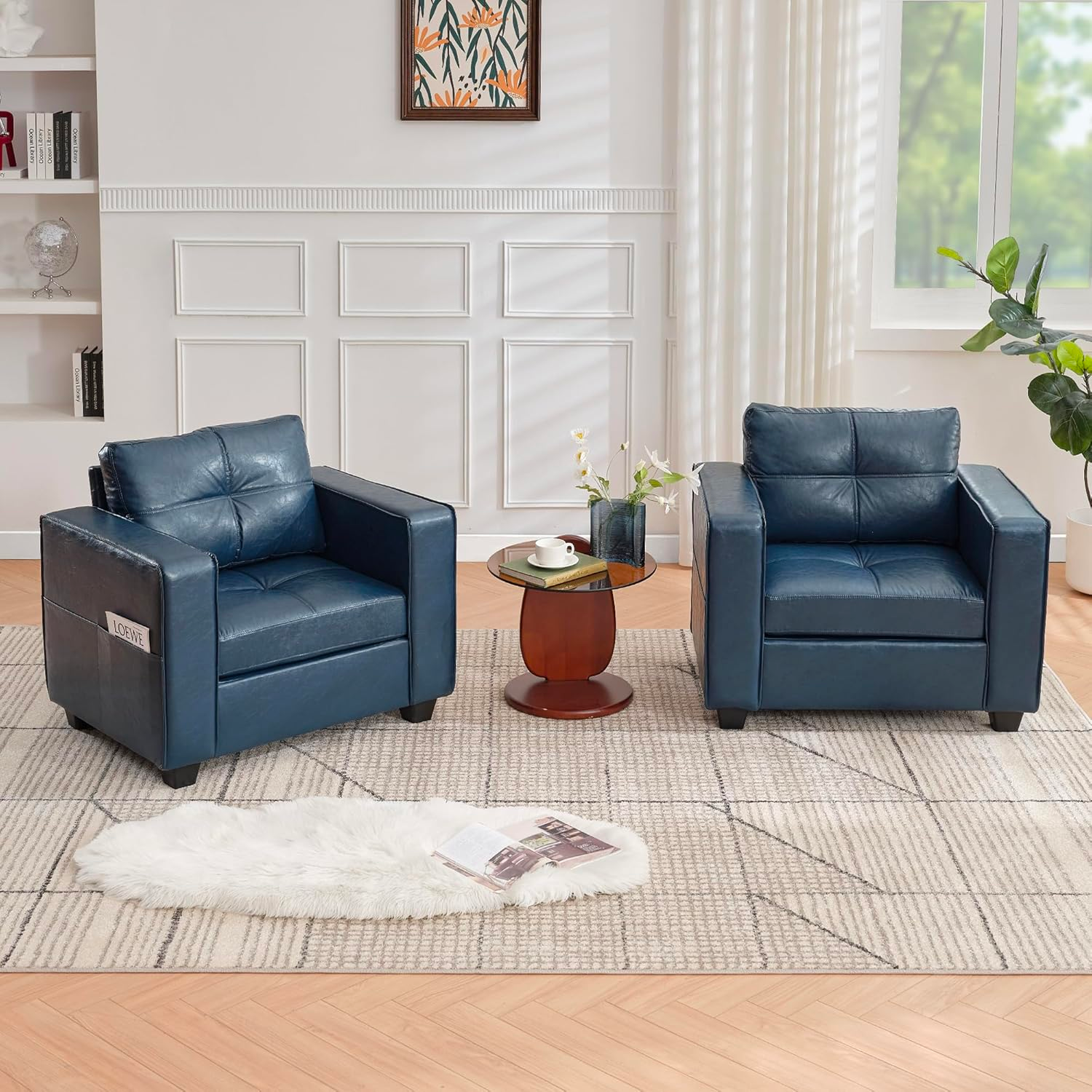 TYBOATLE Leather Chairs w/Side Pockets, Comfy Blue Faux Leather Accent Chair, Oversized Chairs w/Tufted Design, Mid Century Modern Reading Chair, Wider Armchair for Office, Bedroom, Lobby (2, Blue)