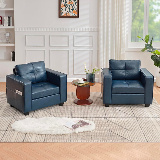 TYBOATLE Leather Chairs w/Side Pockets, Comfy Blue Faux Leather Accent Chair, Oversized Chairs w/Tufted Design, Mid Century Modern Reading Chair, Wider Armchair for Office, Bedroom, Lobby (2, Blue)