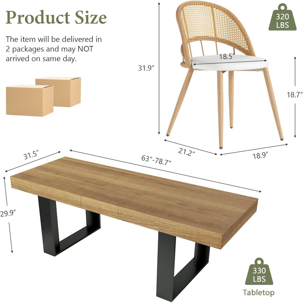 LAZZO 63"-79" Expandable Dining Set, 5-Piece Farmhouse Rectangular Wood Table with 4 Upholstered Chairs, Brown