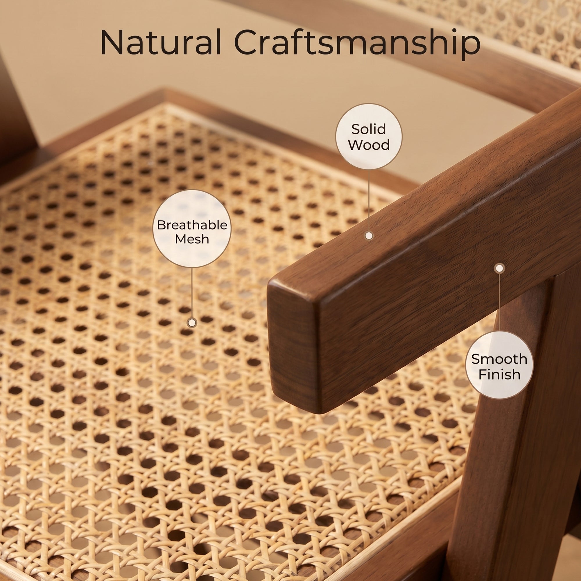 JIASTING Modern Rattan Dining Chairs Set of 4, Woven Cane Kitchen Armchairs, Walnut
