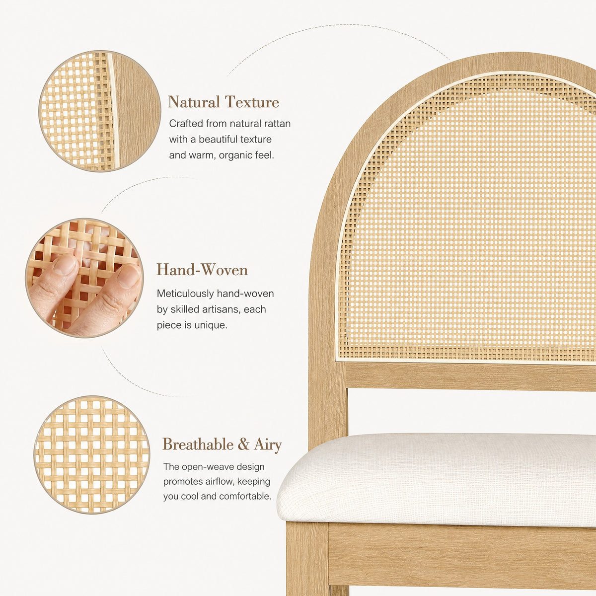 JIASTING JIASTING Upholstered Rattan Dining Chairs Set of 6, Farmhouse Modern Kitchen Chairs