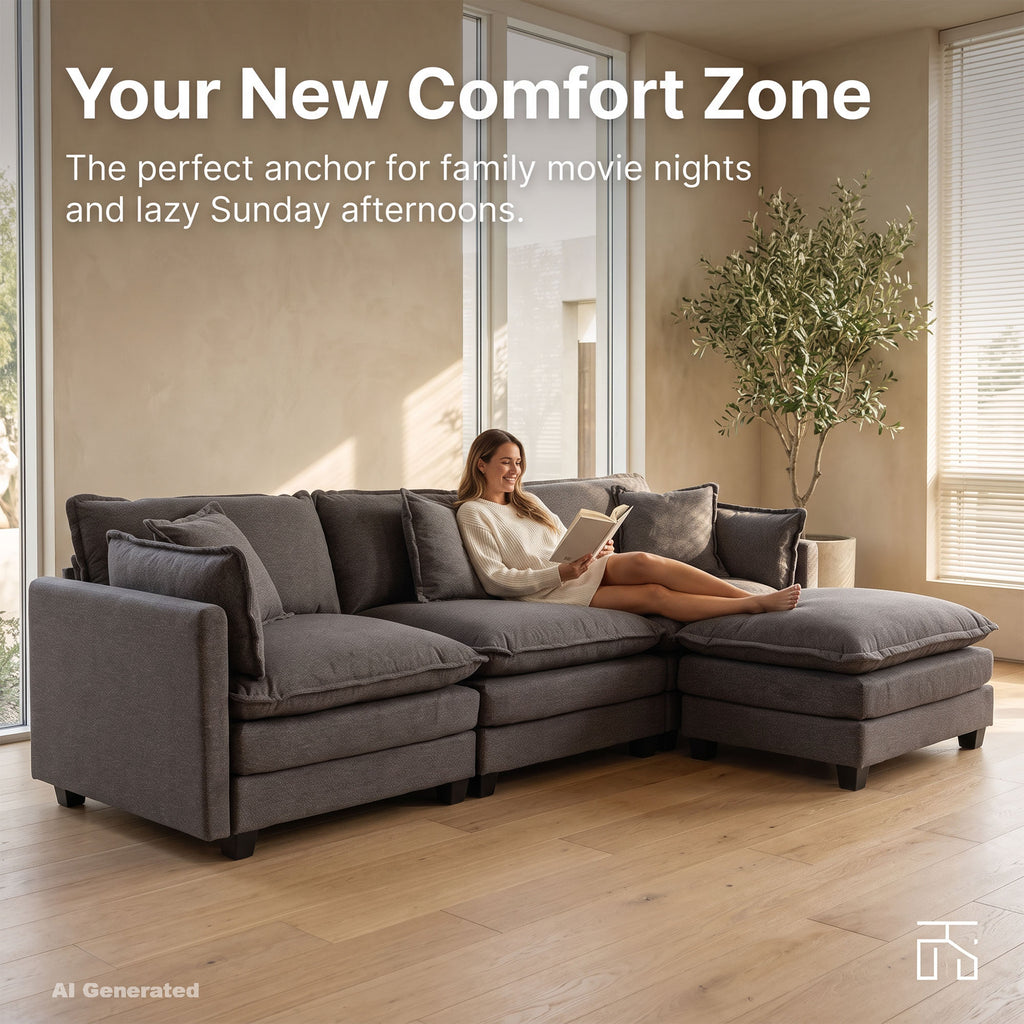 Modular Sofa, 3 Seater Couch with Ottoman, Gray Deep Seat Sofa Comfy Sectional Couch, Flexible 4-Piece Design, Soft Fabric Upholstery, Sturdy Legs for Apartment, Bedroom and Living Room