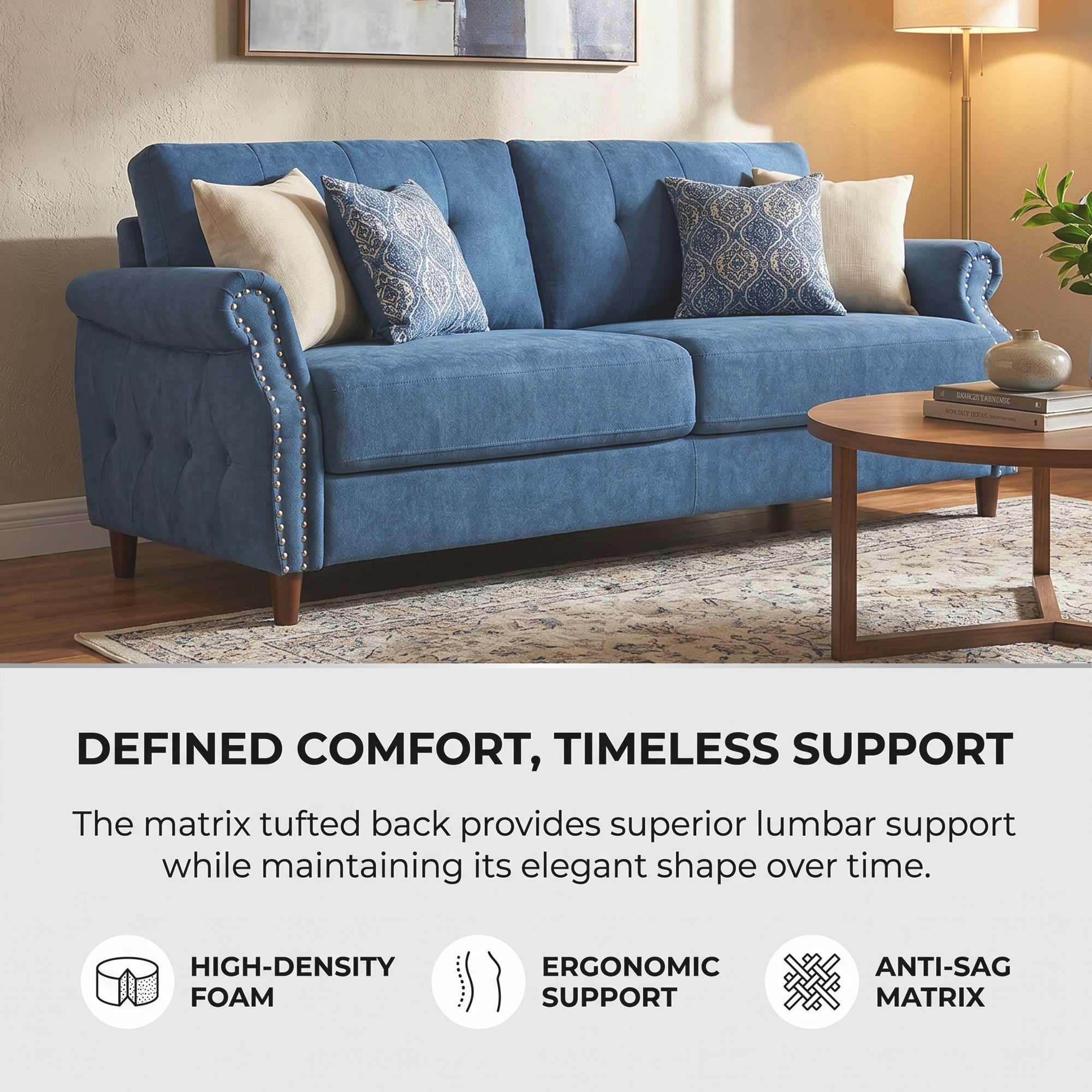 Fully Assembled Loveseat Sofa with Rivets, Wood Legs, Living Room (Blue) | 2 seater love seat sofa, rivet arm design, solid wood legs, wooden frame, small couch for living room apartment bedroom, blue