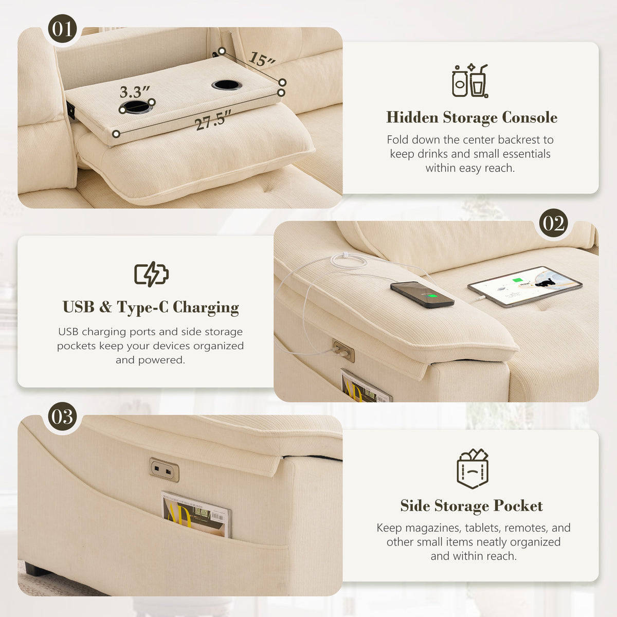 110” Electric Extendable Reclining Couch, Power Pull Out Sleeper Sofa Bed
