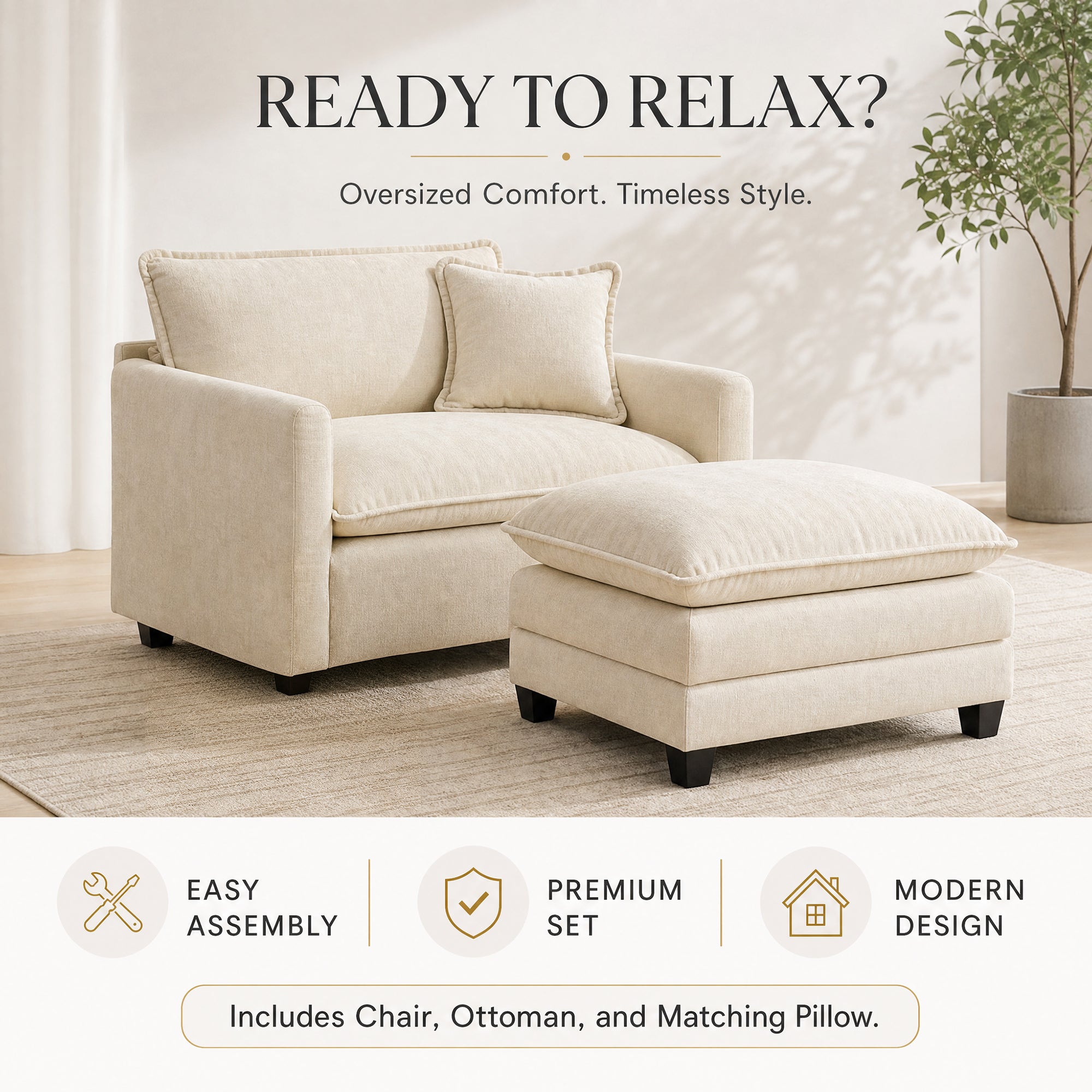 Comfy Oversized Accent Chair with Ottoman, Reading Chair for Living Room | JIASTING 36" Big Cozy Chenille Armchair with Ottoman, Large Upholstered Chair and A Half for Bedroom, Reading Nook, Beige