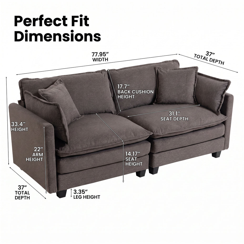 78" Loveseat, Small Couch, Small Sofa, Gray Modular Deep Seat Sofa Modern 2 Seater Couch, Comfy Deep Seating, Detachable Modular Design, Sturdy Legs for Living Room, Bedroom and Apartment