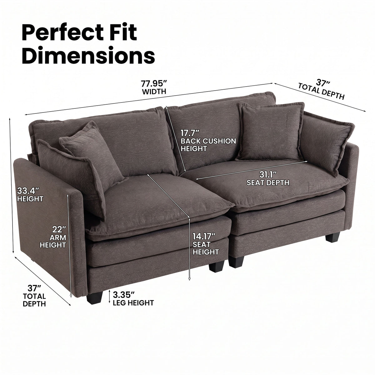 78" Loveseat, Small Couch, Small Sofa, Gray Modular Deep Seat Sofa Modern 2 Seater Couch, Comfy Deep Seating, Detachable Modular Design, Sturdy Legs for Living Room, Bedroom and Apartment