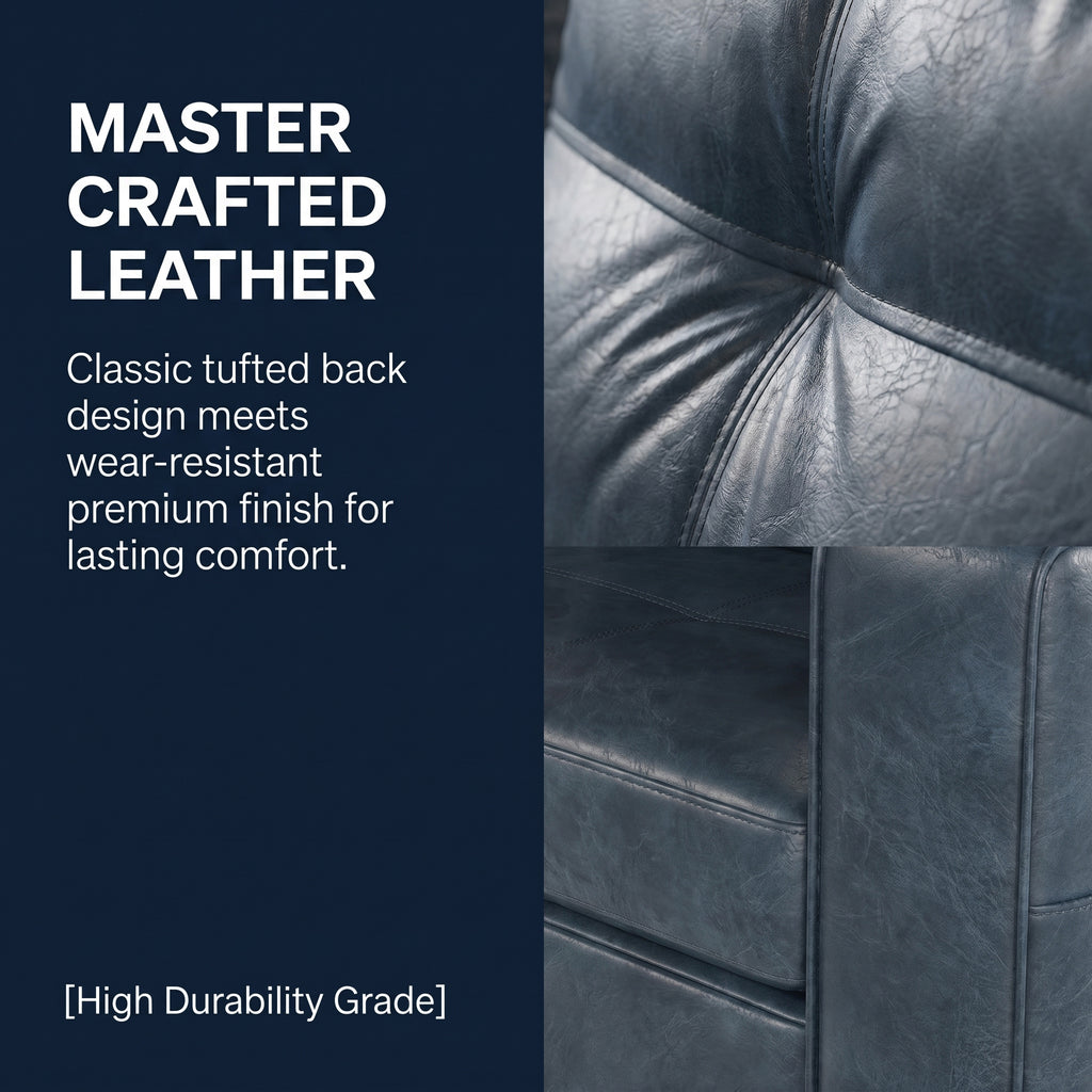 CHYMSUN 88" Faux Leather Couch w/USB Charging, 3-Seater Leather Living Room Sofa | Mid-Century Modern Leather Couch, Living Room Couch, Tufted Design, Wide Armrests, Side Storage Pockets, Office, Dorm, Blue