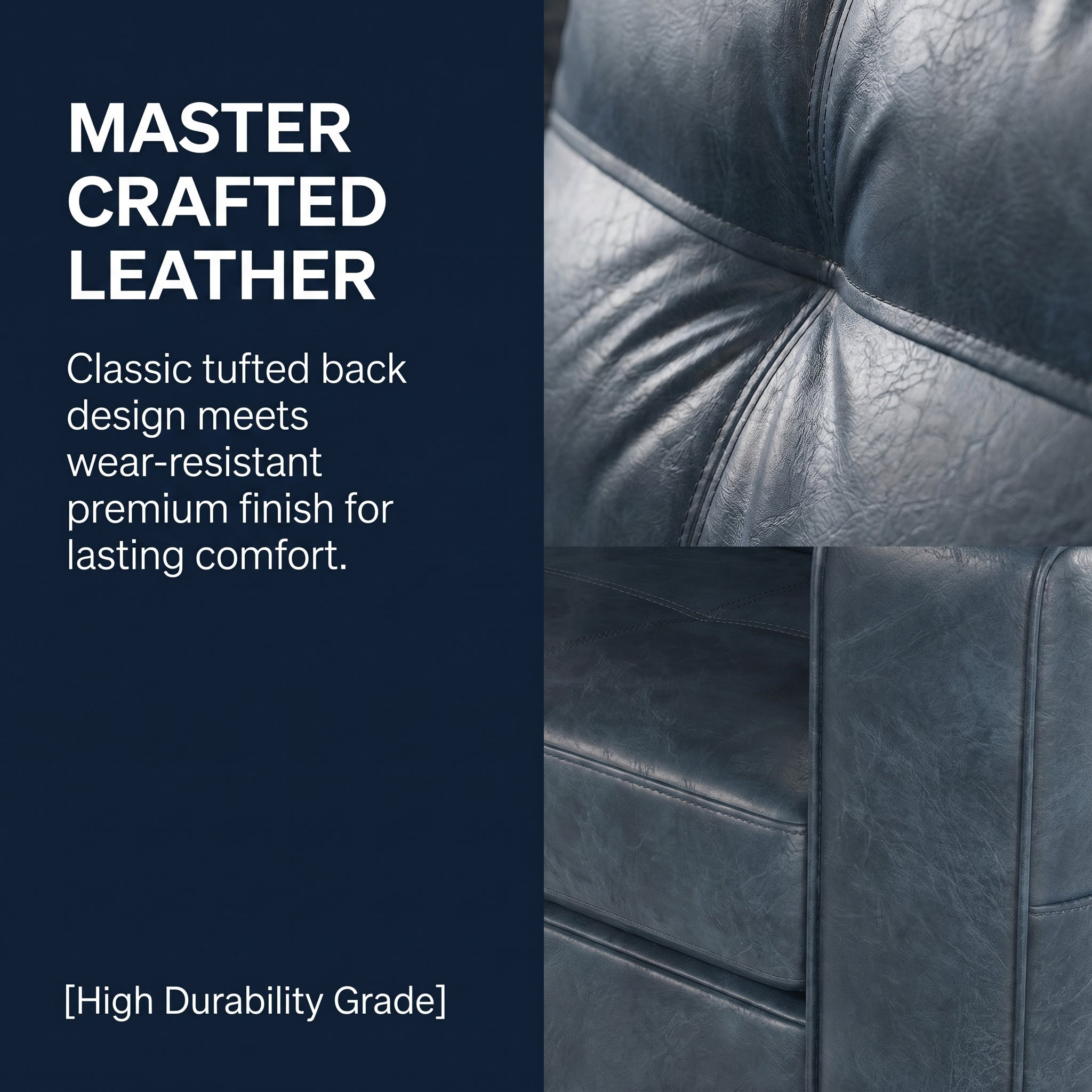 CHYMSUN 88" Faux Leather Couch w/USB Charging, 3-Seater Leather Living Room Sofa | Mid-Century Modern Leather Couch, Living Room Couch, Tufted Design, Wide Armrests, Side Storage Pockets, Office, Dorm, Blue