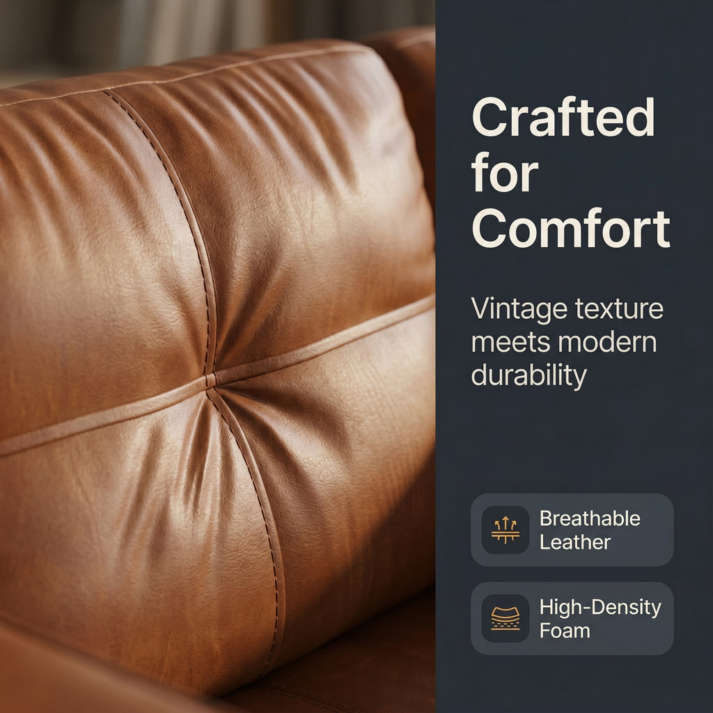 CHYMSUN 65'' Faux Leather Loveseat w/USB Charging, 2-Seater Leather Small Couch | Mid-Century Modern Leather Couch, Living Room Couch, Tufted Design, Wide Armrests, Side Storage Pockets, Office, Dorm, Brown