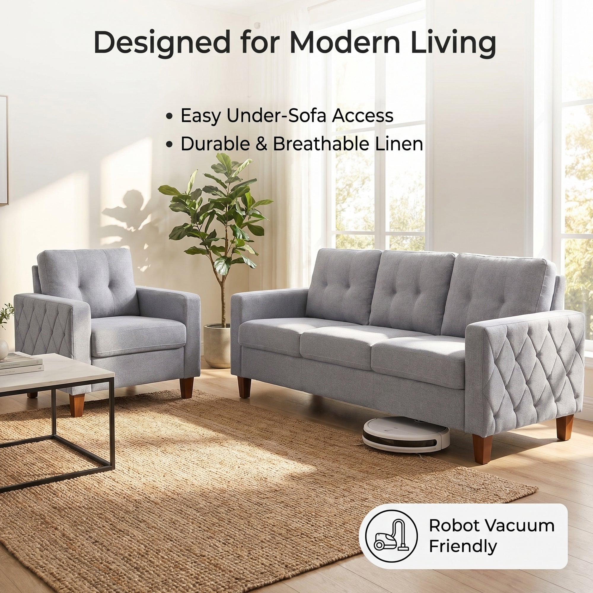 TYBOATLE 3 Piece Living Room Furniture Sets, 3 Seater Sofa and Chair Set, Cloud Couch Living Room Furniture Set, Grey Modern Sofa and Chair Set for Apartment, Home (Grey, 3+1)