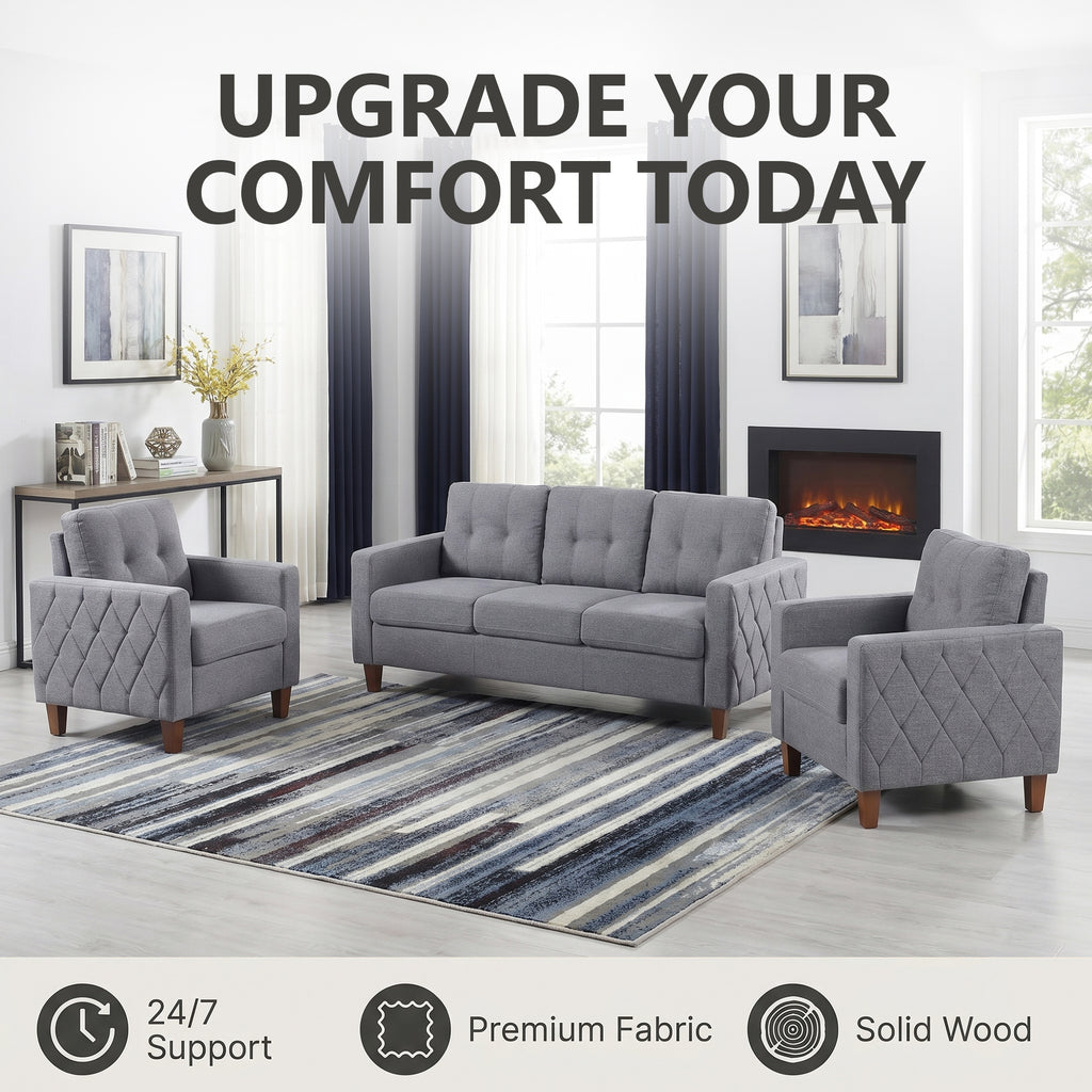 TYBOATLE 3 Piece Living Room Furniture Sets, 3 Seater Sofa and Chair Set, Cloud Couch Living Room Furniture Set, Grey Modern Sofa and Chair Set for Apartment, Home (Grey, 3+1+1)