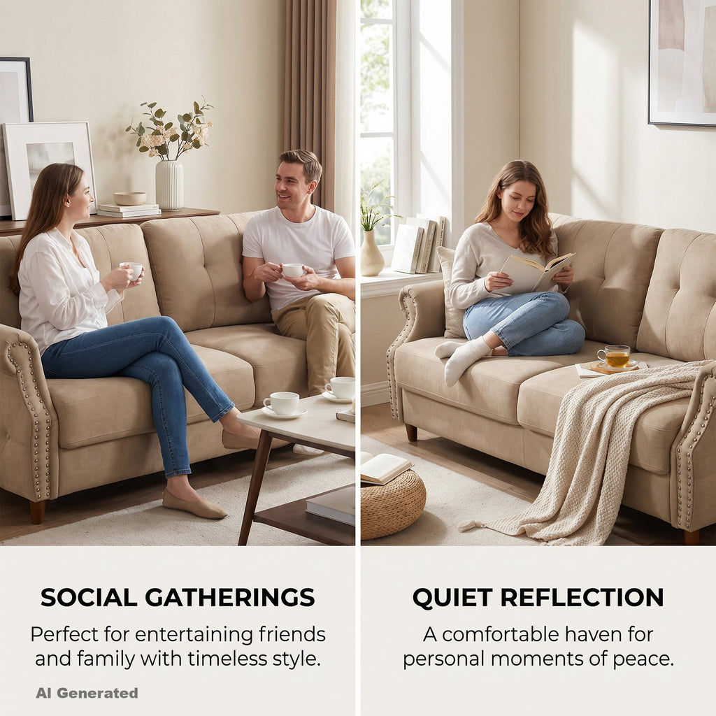 Fully Assembled Loveseat Sofa with Rivets, Wood Legs, Living Room (Khaki) | 2 seater love seat sofa, rivet arm design, solid wood legs, wood frame, small couch for living room apartment bedroom, khaki