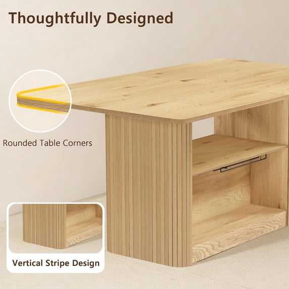 LAZZO 63.3" Rectangular Dining Table for 6 People, Modern Farmhouse Kitchen Table with 2-Tier Storage Shelf, Fluted Wood Table, Oak