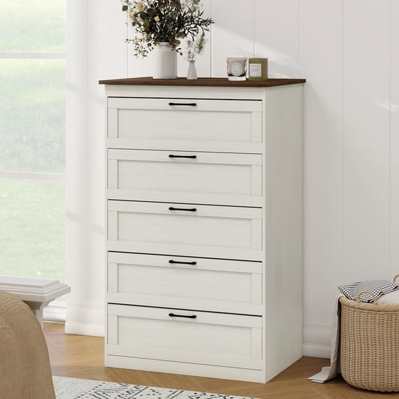 LAZZO 5-Drawer Dresser, Farmhouse Rustic Wood Chest of Drawers, Wide Storage Organizer for Bedroom, Living Room, Entryway, White