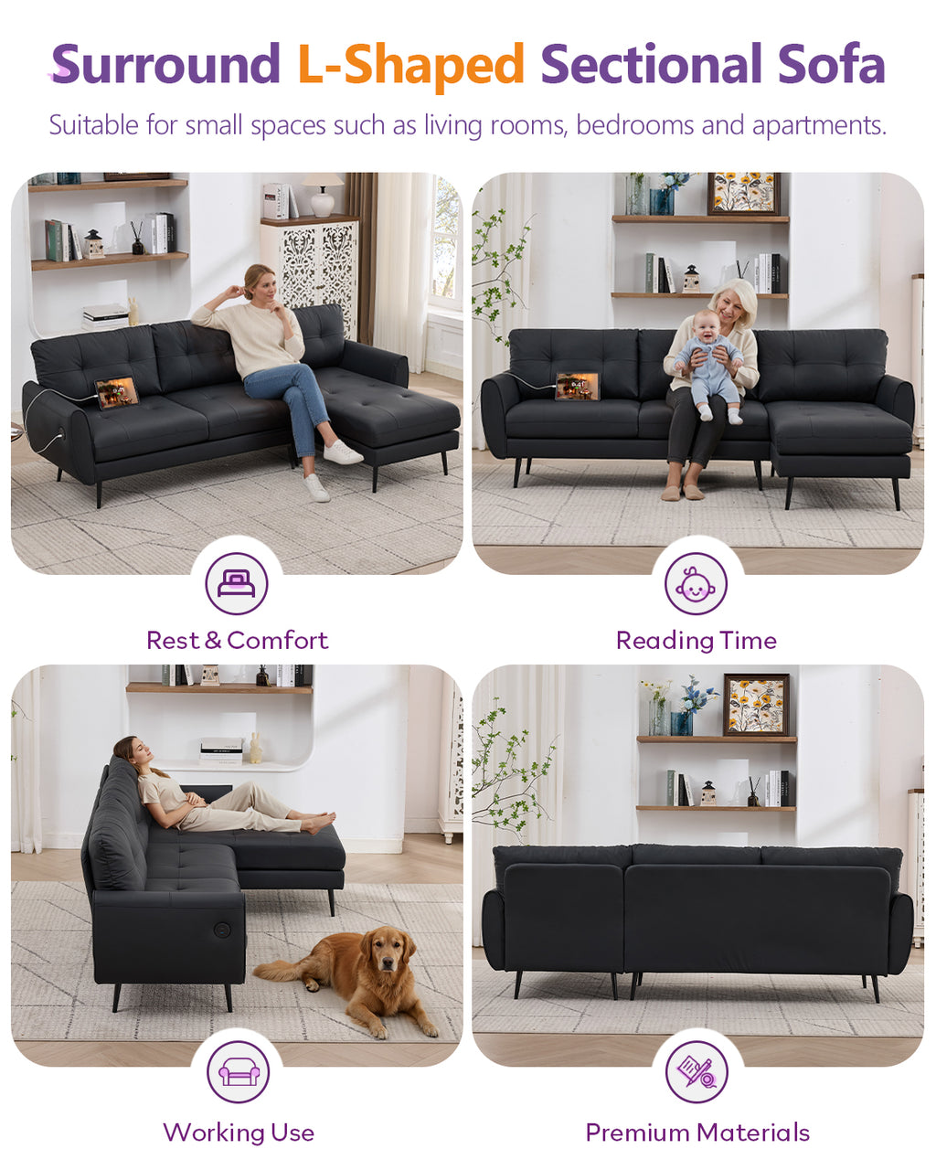 TYBOATLE 3 Seat L Shaped Leather Sectional Couches for Living Room, Faux Leather Couch w/USB & Type-C Charging Port, Small Sectional Sofa w/Deep-Seat Chaise (Black)