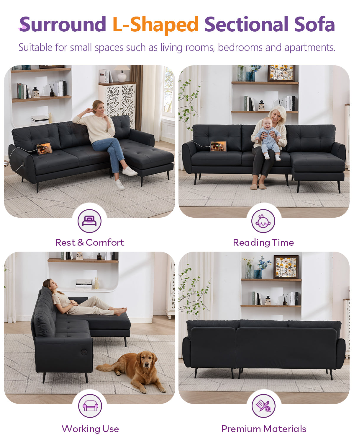 TYBOATLE 3 Seat L Shaped Leather Sectional Couches for Living Room, Faux Leather Couch w/USB & Type-C Charging Port, Small Sectional Sofa w/Deep-Seat Chaise (Black)