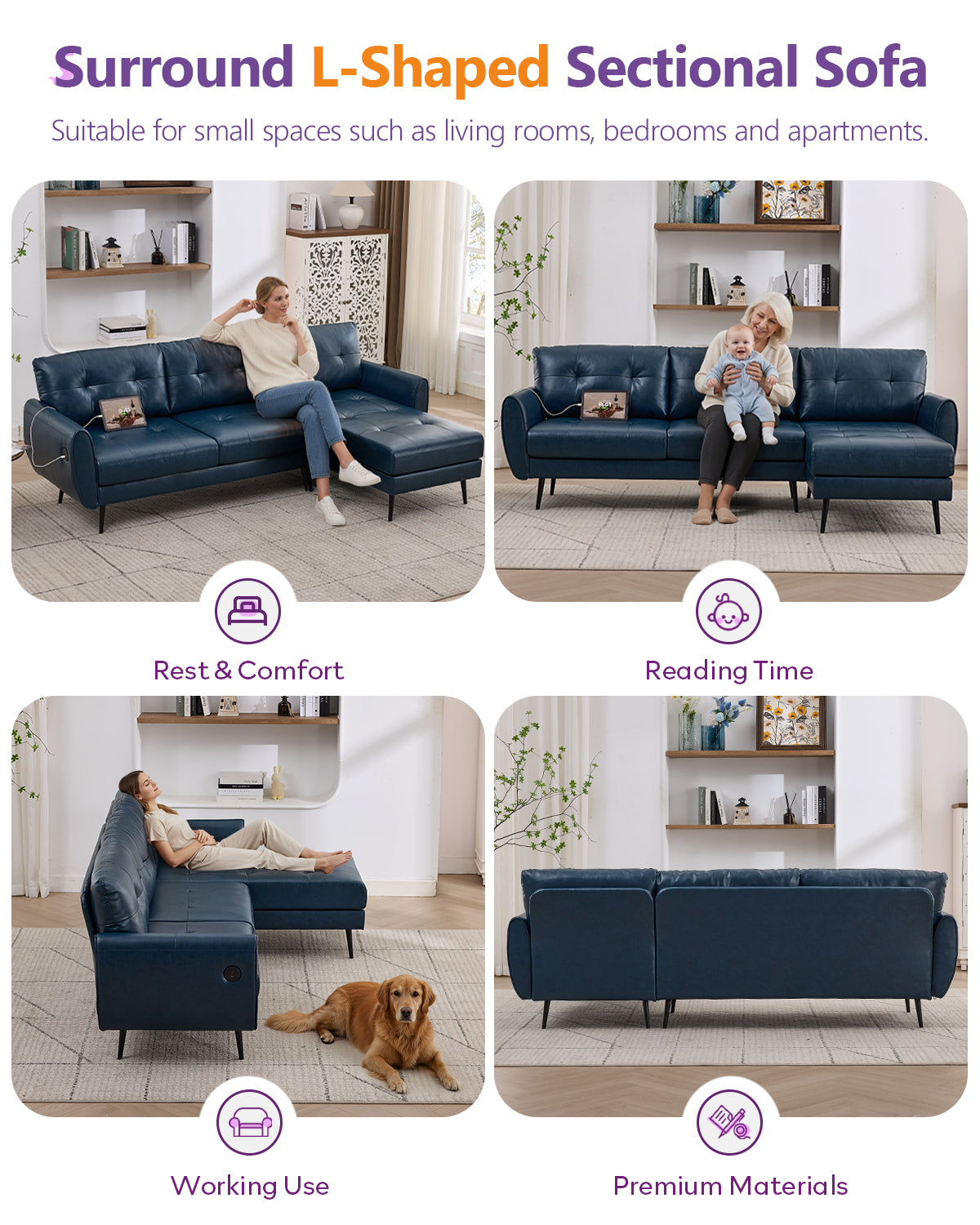 TYBOATLE 3 Seat L Shaped Leather Sectional Couches for Living Room, Faux Leather Couch w/USB & Type-C Charging Port, Small Sectional Sofa w/Deep-Seat Chaise (Blue)