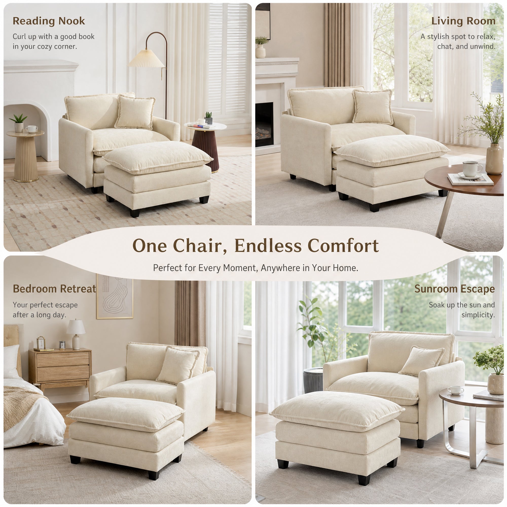 Comfy Oversized Accent Chair with Ottoman, Reading Chair for Living Room | JIASTING 36" Big Cozy Chenille Armchair with Ottoman, Large Upholstered Chair and A Half for Bedroom, Reading Nook, Beige