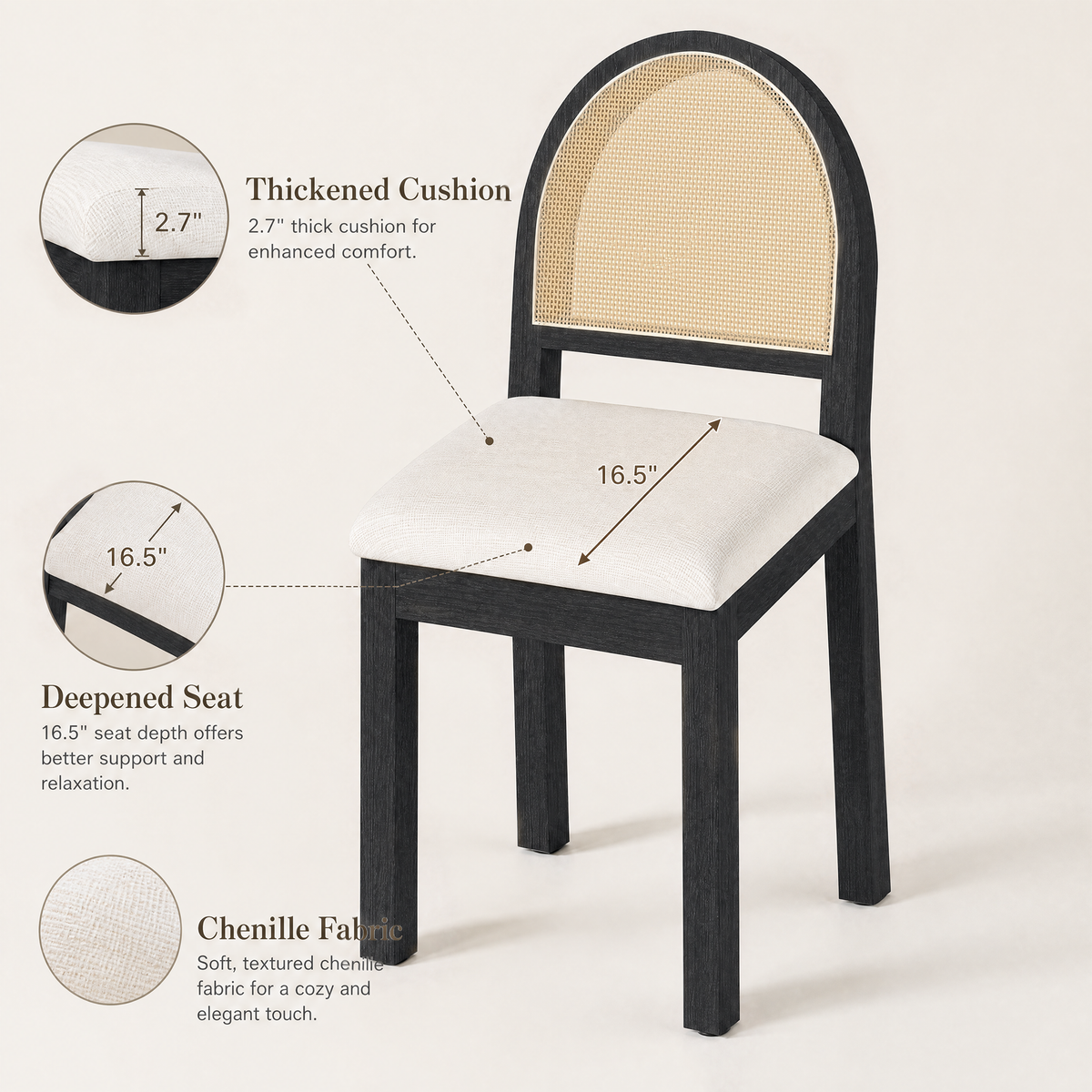 JIASTING Upholstered Rattan Dining Chairs Set of 2, Farmhouse Modern Kitchen Chairs