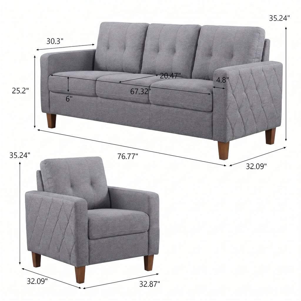 TYBOATLE 3 Piece Living Room Furniture Sets, 3 Seater Sofa and Chair Set, Cloud Couch Living Room Furniture Set, Grey Modern Sofa and Chair Set for Apartment, Home (Grey, 3+1+1)