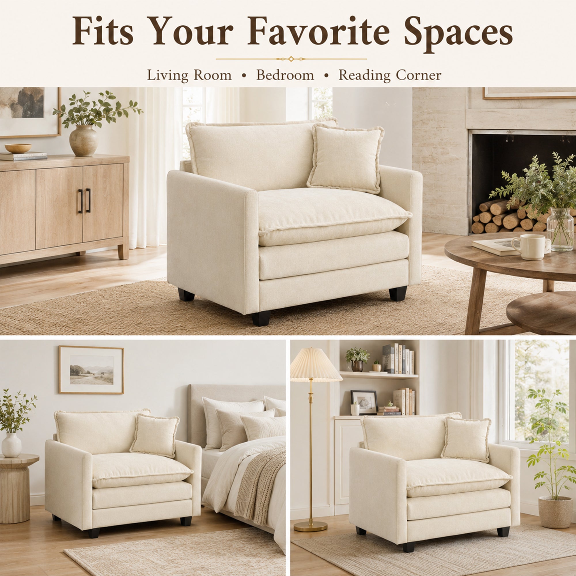 Comfy Living Room Accent Chair, Oversized Reading Chair for Bedroom, Corner | JIASTING 36" Big Cozy Chenille Armchair with Thick Cushion, Large Soft Upholstered Chair for Reading Nook, Dorm, Beige