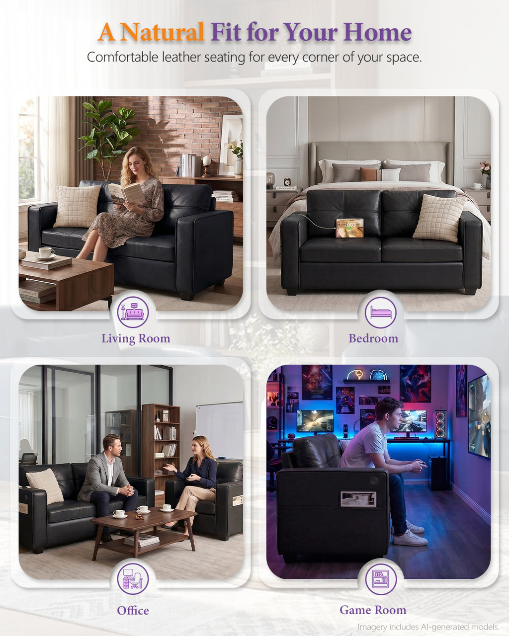 65'' Black Faux Leather Loveseat with USB, 2-Seater Living Room