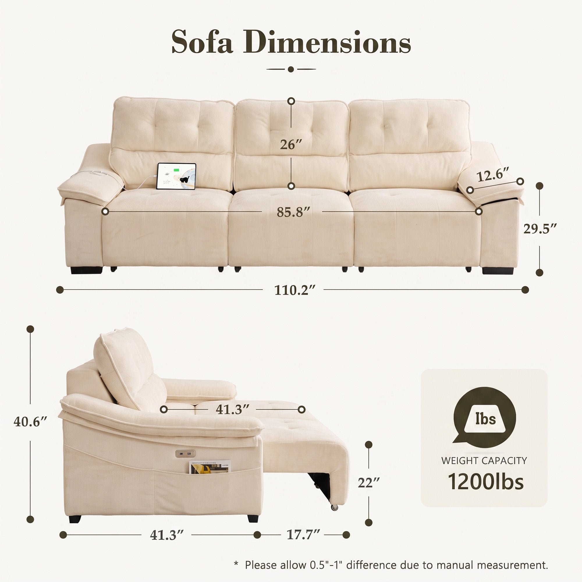 110” Electric Extendable Reclining Couch, Power Pull Out Sleeper Sofa Bed