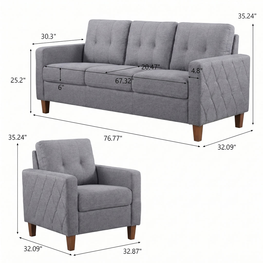 TYBOATLE 3 Piece Living Room Furniture Sets, 3 Seater Sofa and Chair Set, Cloud Couch Living Room Furniture Set, Grey Modern Sofa and Chair Set for Apartment, Home (Grey, 3+1)