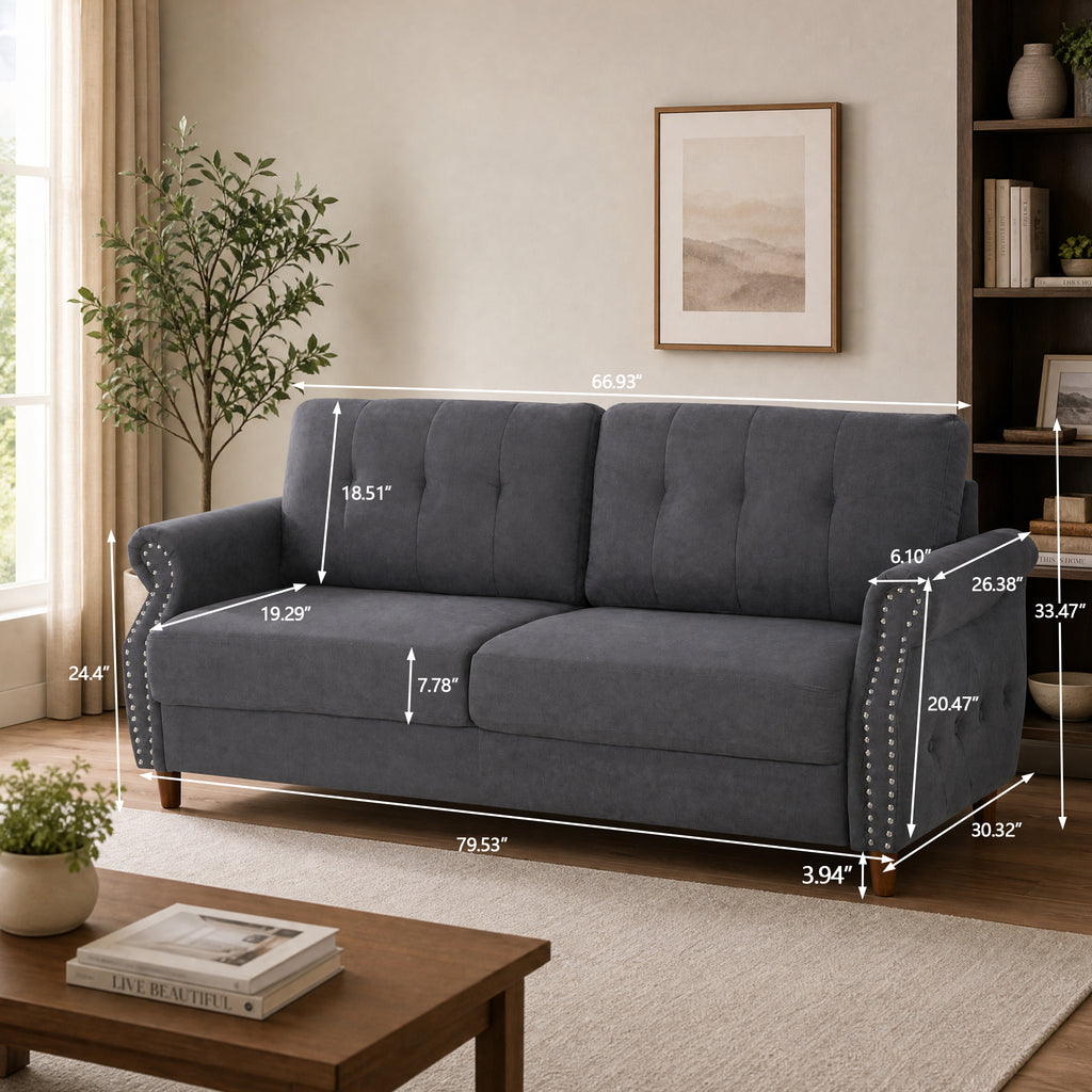 Fully Assembled Loveseat Sofa with Rivets, Wood Legs, Living Room (Grey) | 2 seater love seat sofa, rivet arm design, solid wood legs, wooden frame, small couch for living room apartment bedroom, grey