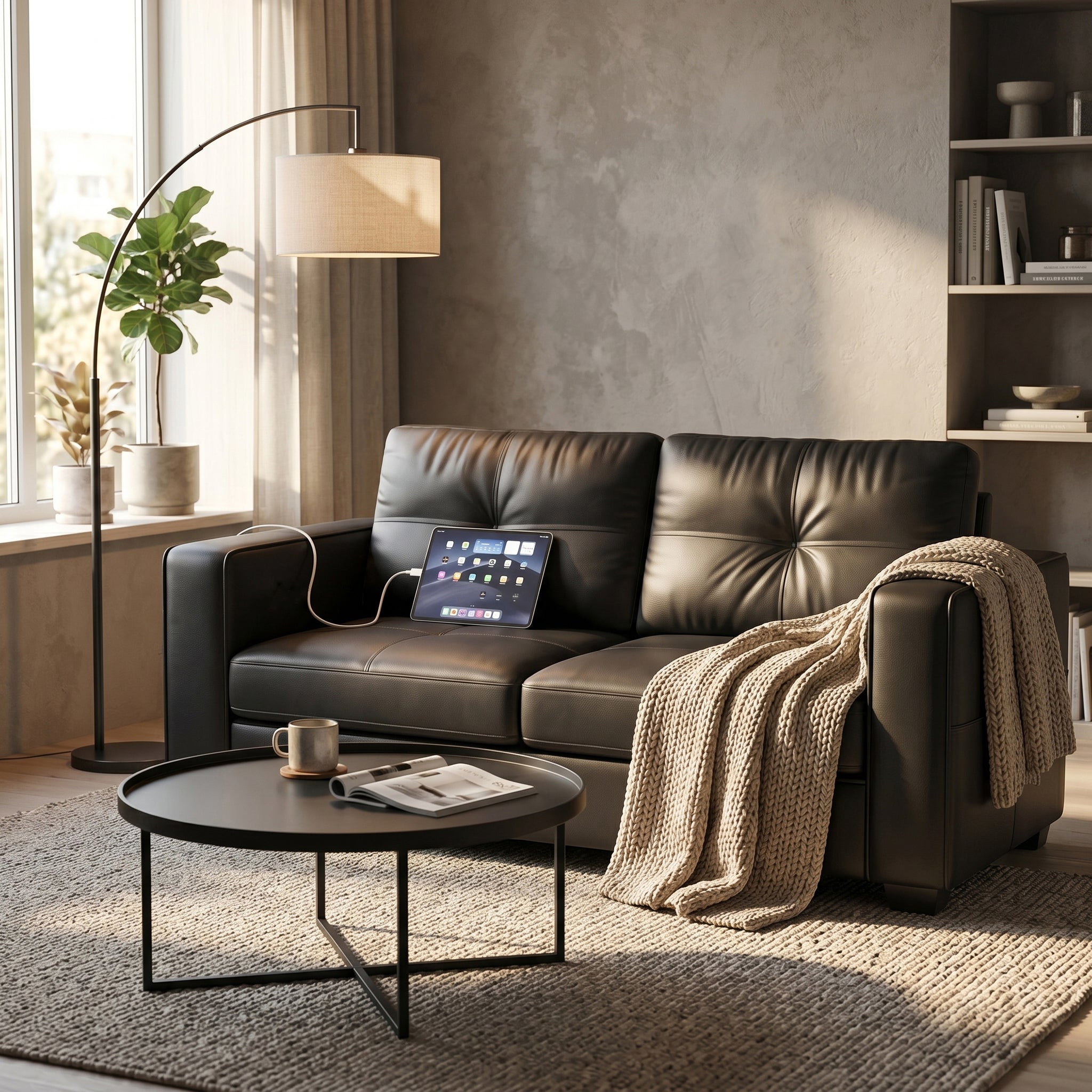 CHYMSUN 65'' Faux Leather Loveseat w/USB Charging, 2-Seater Leather Small Couch | Mid-Century Modern Leather Couch, Living Room Couch, Tufted Design, Wide Armrests, Side Storage Pockets, Office, Dorm, Black