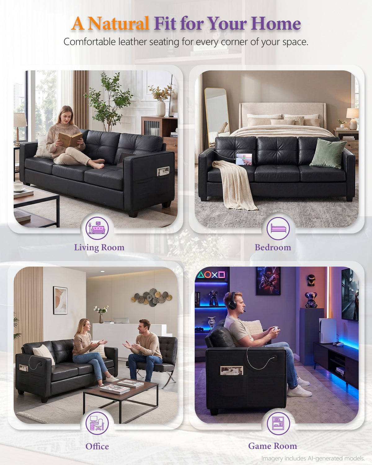 88'' Black Faux Leather Couch with USB, 3-Seater