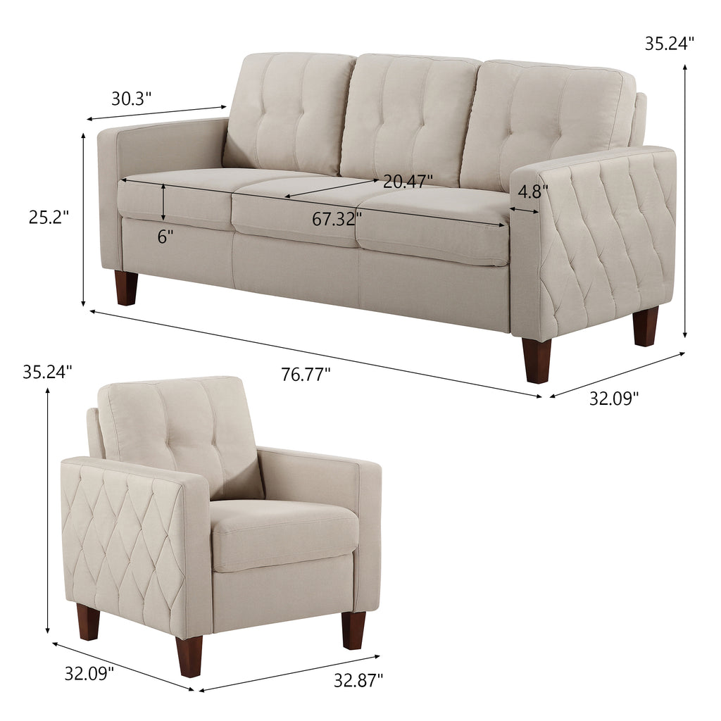 TYBOATLE 3 Piece Living Room Furniture Sets, 3 Seater Sofa and Chair Set, Cloud Couch Living Room Furniture Set, Beige Modern Sofa and Chair Set for Apartment, Home (Beige, 3+1+1)