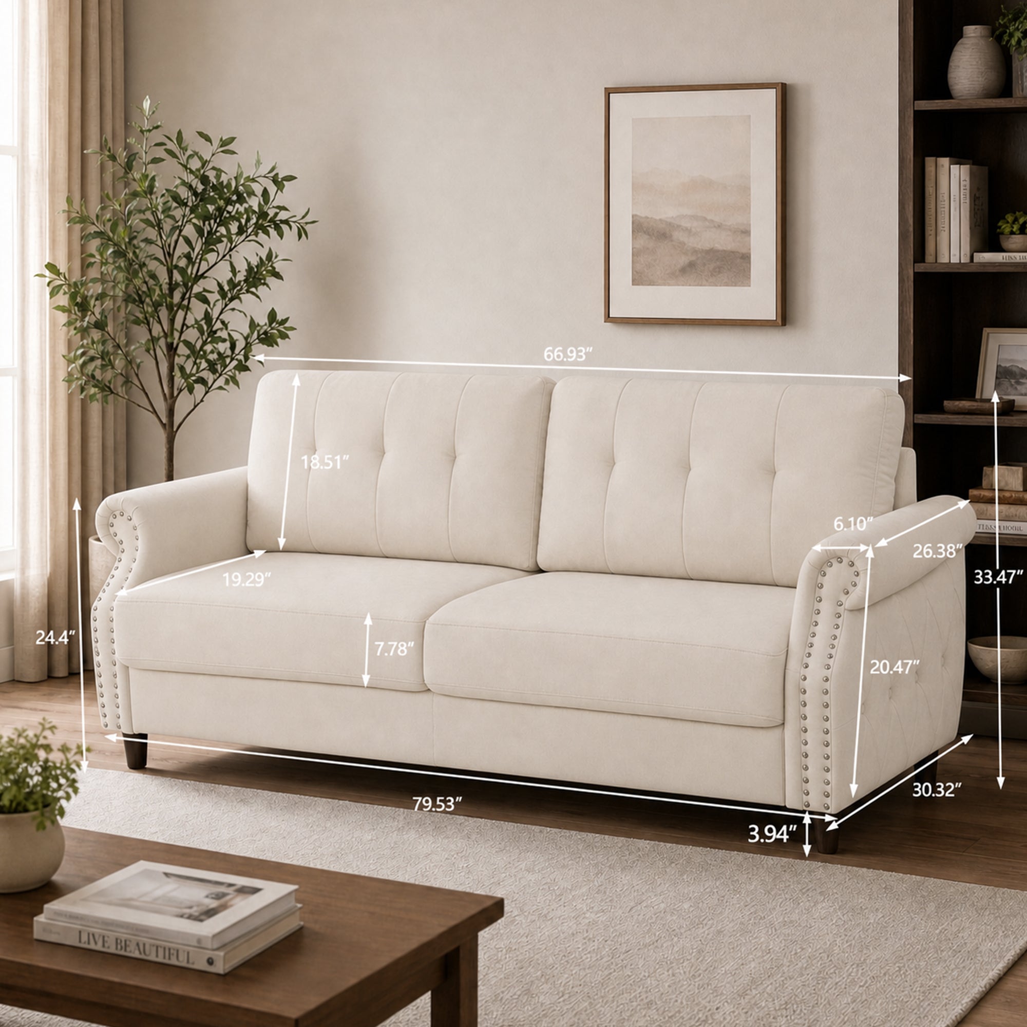 Fully Assembled Loveseat Sofa with Rivets, Wood Legs, Living Room (Beige) | 2 seater love seat sofa, rivet arm design, solid wood legs, wood frame, small couch for living room apartment bedroom, Beige