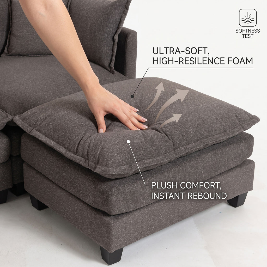 Modular Sofa, 3 Seater Couch with Ottoman, Gray Deep Seat Sofa Comfy Sectional Couch, Flexible 4-Piece Design, Soft Fabric Upholstery, Sturdy Legs for Apartment, Bedroom and Living Room