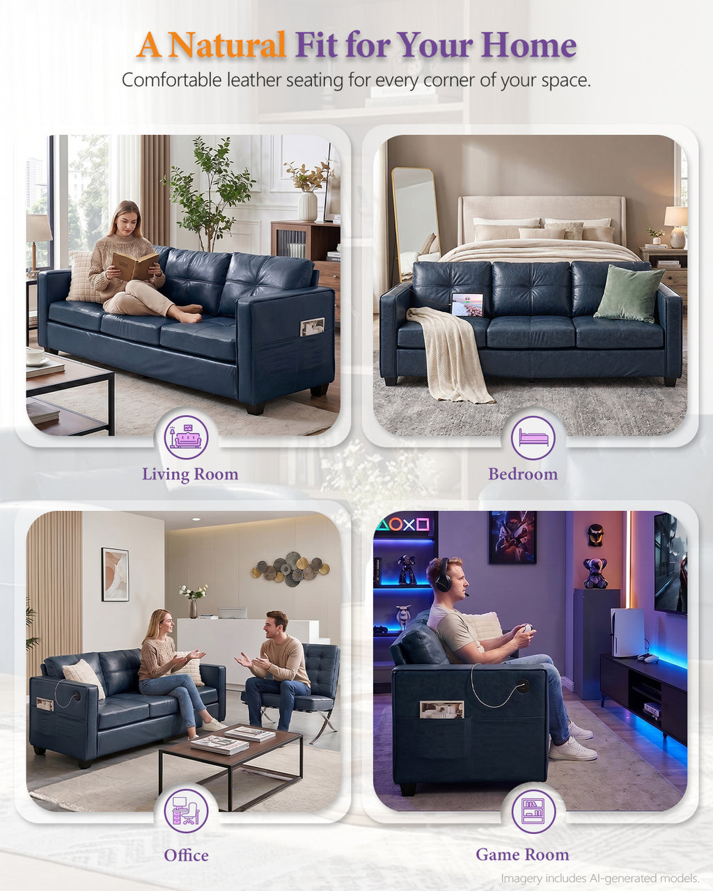 Faux Leather Blue Couch with USB, 3-Seater Sofa for Living Room